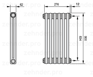 Схема (чертеж) Радиатор Zehnder Charleston 2090/6 №7610 Белый глянцевый RAL 9016